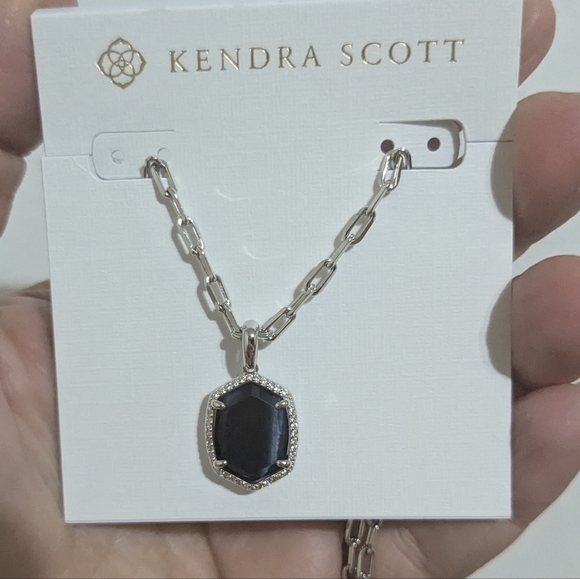 Kendra Scott Daphne Silver Pave Frame Short Pendant Necklace in Navy Tiger's Eye - Picture 4 of 7